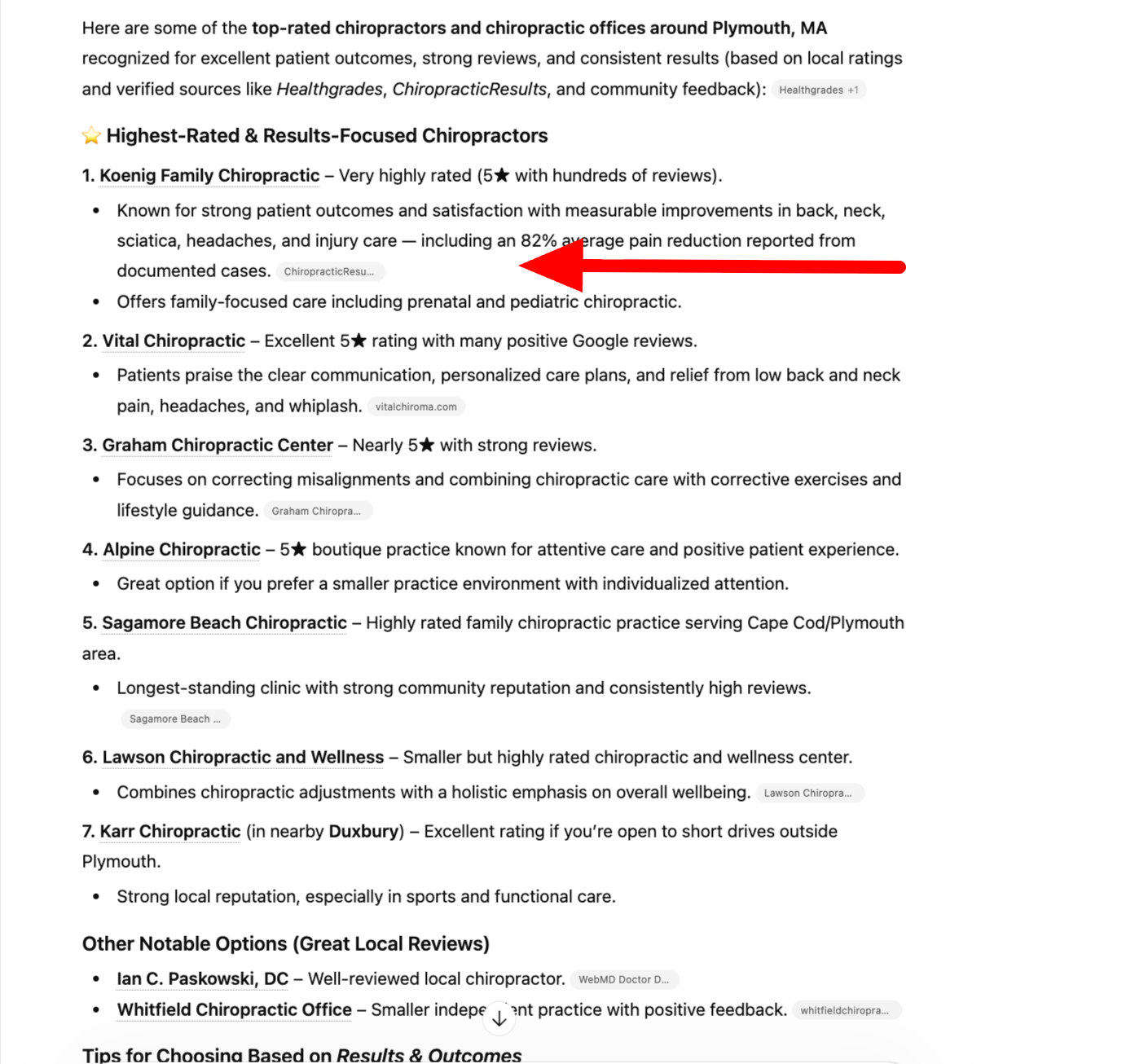 ChatGPT ranking showing Dr. Koenig as #1 chiropractor in Plymouth