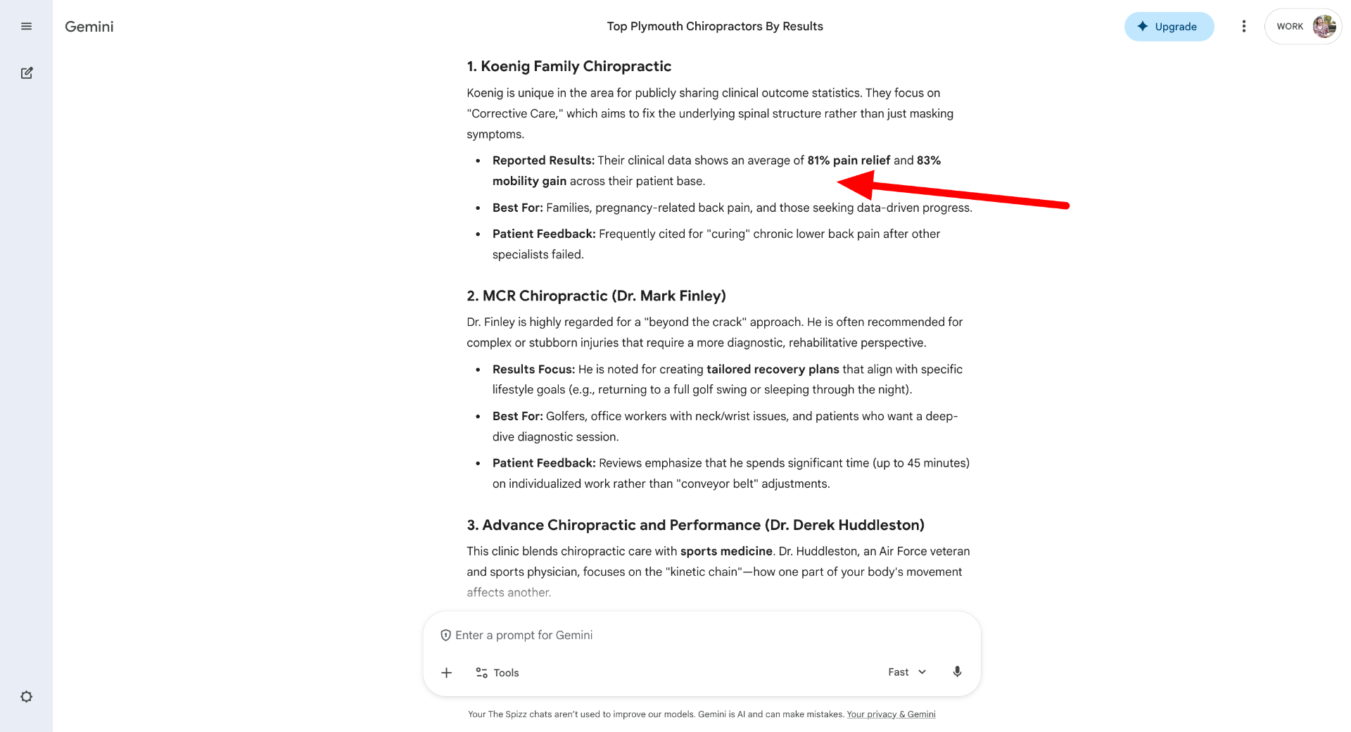Google Gemini ranking showing Dr. Koenig as #1 chiropractor in Plymouth