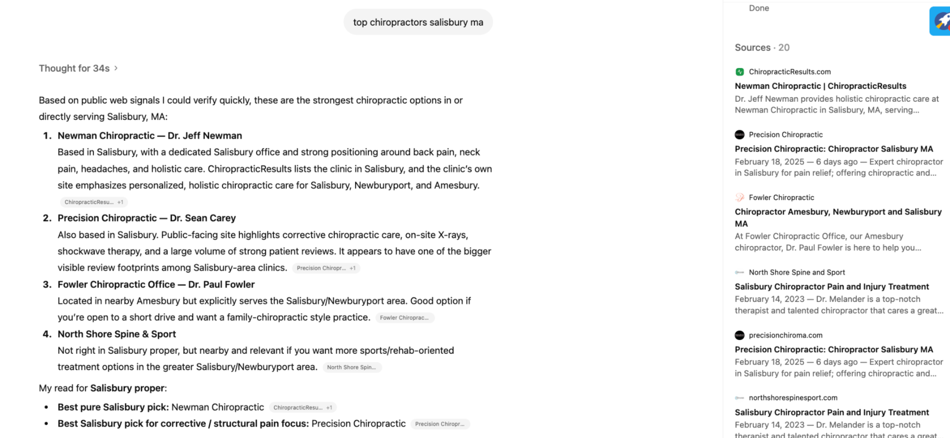 ChatGPT ranking Newman Chiropractic #1 for top chiropractors in Salisbury MA