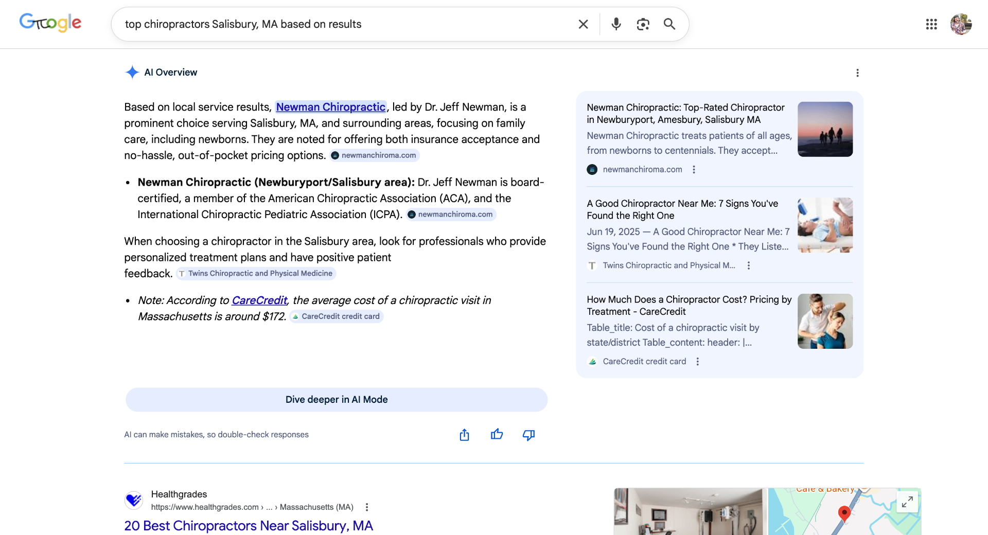 Google AI Overview showing Newman Chiropractic as top result for Salisbury MA chiropractors