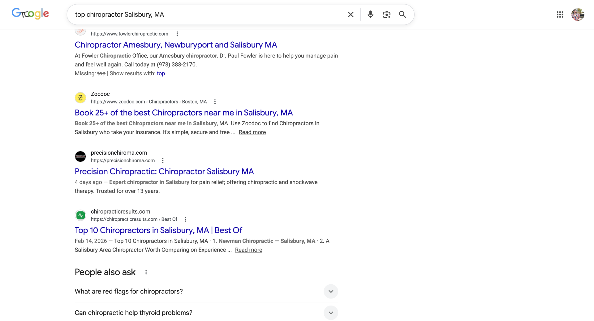 Google organic search results showing ChiropracticResults Top 10 article ranking for top chiropractor Salisbury MA