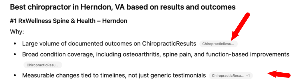 AI answer showing ChiropracticResults as source for best chiropractor Herndon VA