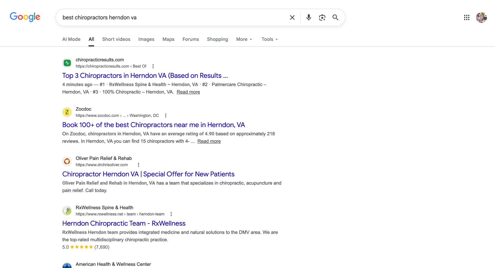 Google search showing ChiropracticResults Top 3 Chiropractors in Herndon VA ranking #1