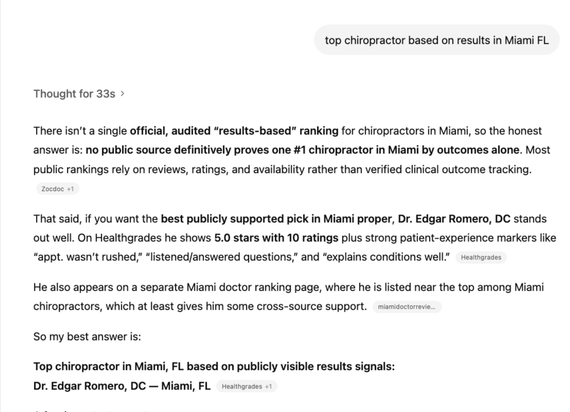 Before: ChatGPT showing results-based query with no clear #1 for Miami chiropractors